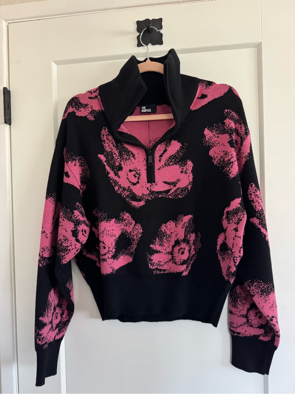 The Kooples Pink & Black Floral Quarter-Zip Sweater size 0